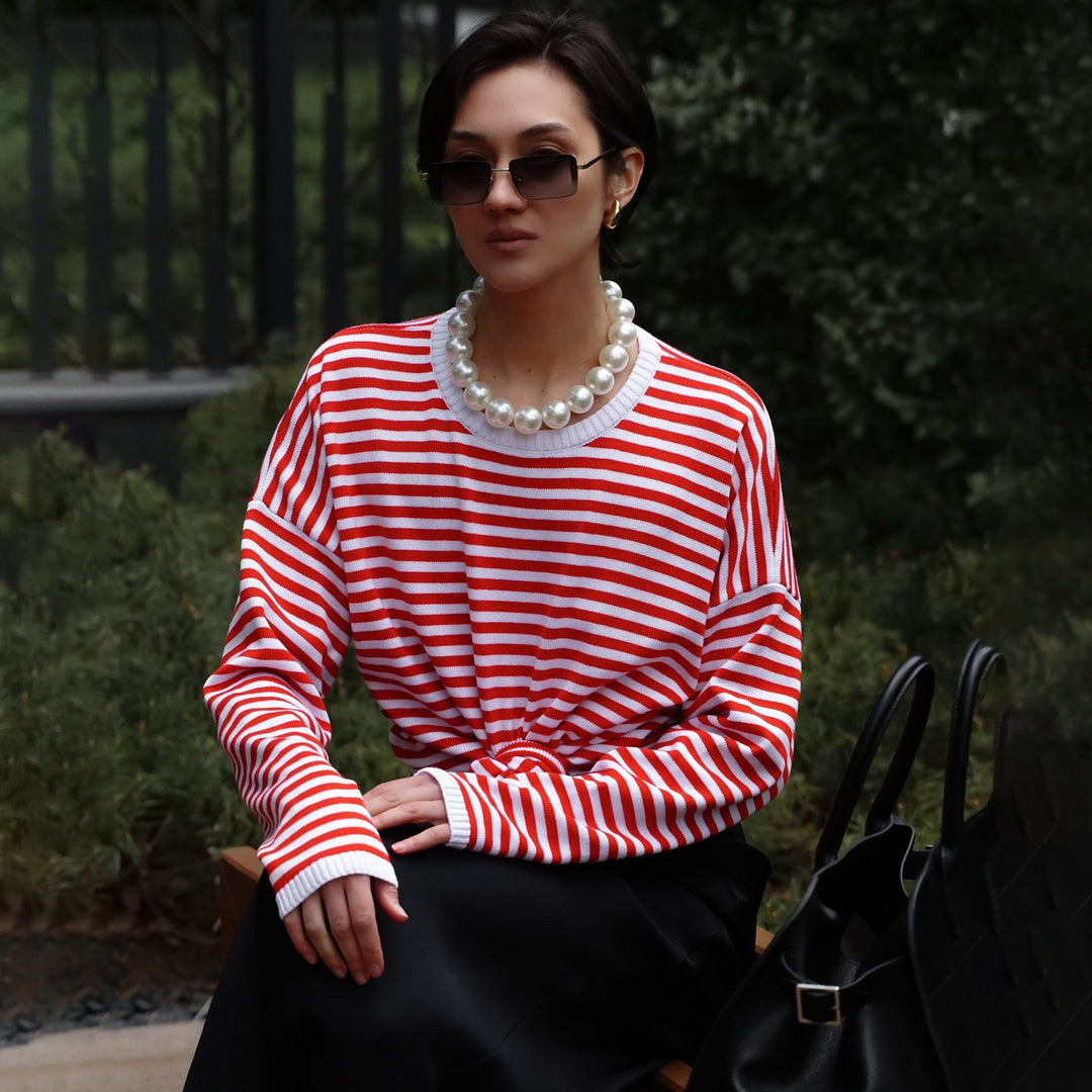 Women striped long casual t-shirt with bow detail Lune London