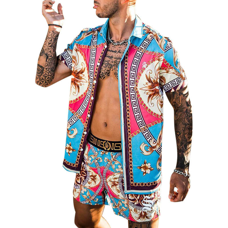 Men's Set Short Sleeve Tropical Print Shirt and Matching Swim Shorts Lune London