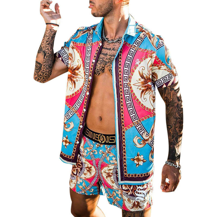 Men's Set Short Sleeve Tropical Print Shirt and Matching Swim Shorts Lune London