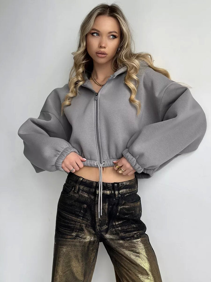 Ladies Cropped Hoodie made of soft sweat fabric with elastic waistband and zipper Chic & Stil