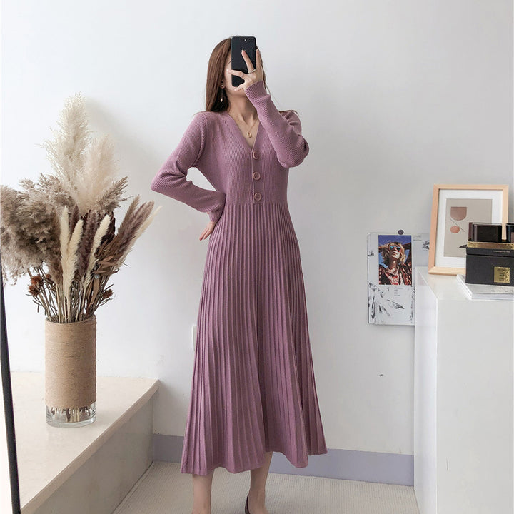 Knitted dress for women with V-neck and button details Lune London