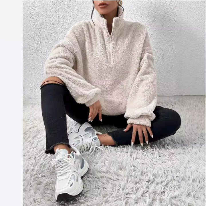Women's Cozy Fleece Pullover with Stand-Up Collar and Side Pockets Lune London