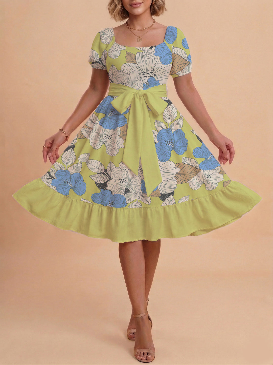Women's floral dress with adjustable belt and voluminous sleeves Lune London