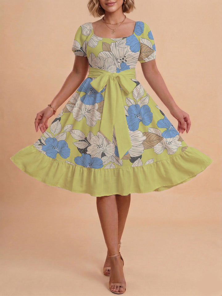 Women's floral dress with adjustable belt and voluminous sleeves Lune London