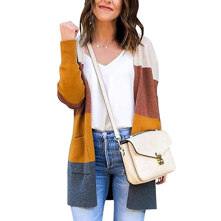Womens knit jacket with color block design and practical pockets Lune London