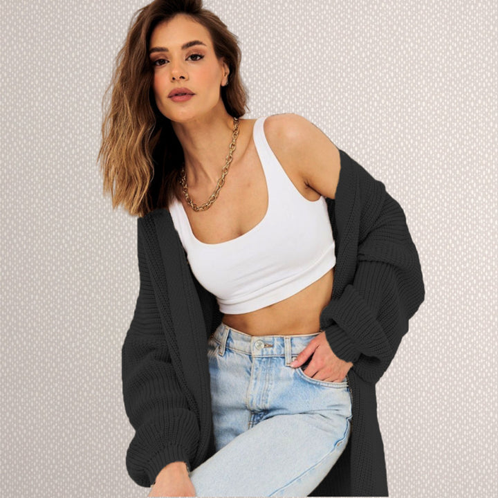 Ladies Long Knit Cardigan with Open Design and Loose Sleeves Lune London