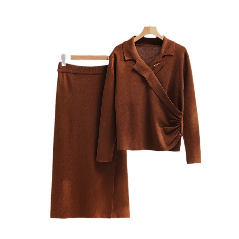Elegant knit set for women with a wrap top and refined high waist Lune London