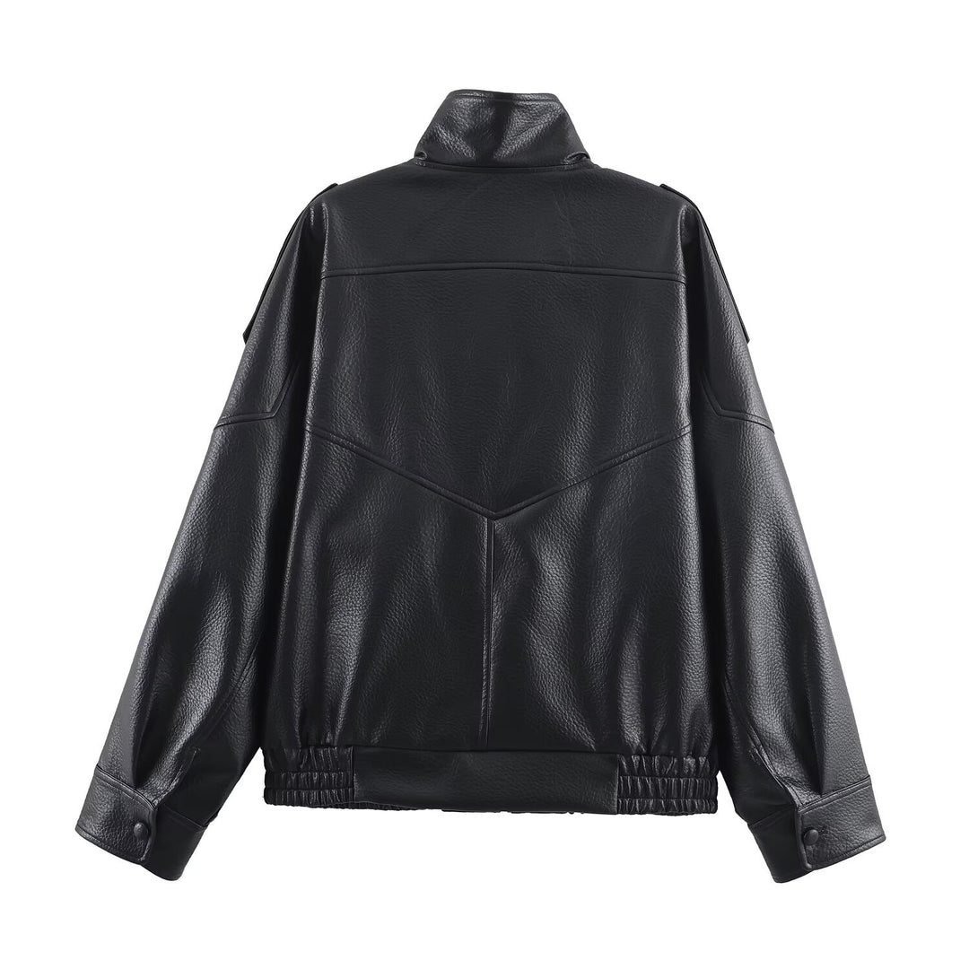 Synthetic leather jacket for women with a modern design featuring a high collar and practical pockets Lune London