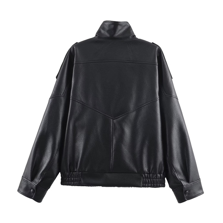 Synthetic leather jacket for women with a modern design featuring a high collar and practical pockets Lune London
