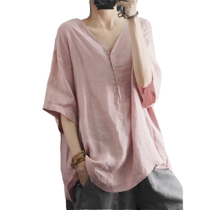 T-shirt en lin surdimensionné pour femmes avec décolleté en V et coupe décontractée Chic & Stil