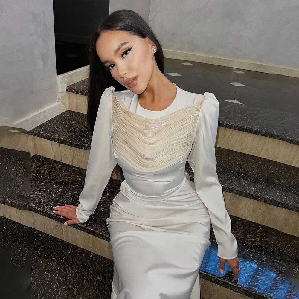 Ladies Elegant Maxi Dress with refined draping details and long sleeves Lune London