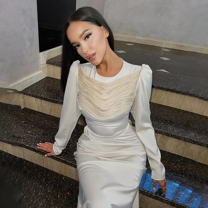 Ladies Elegant Maxi Dress with refined draping details and long sleeves Lune London