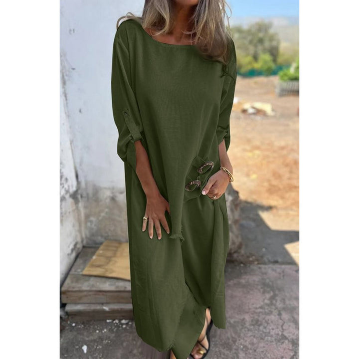 Casual maxi dress for women with a deep round neckline and practical button details Lune London