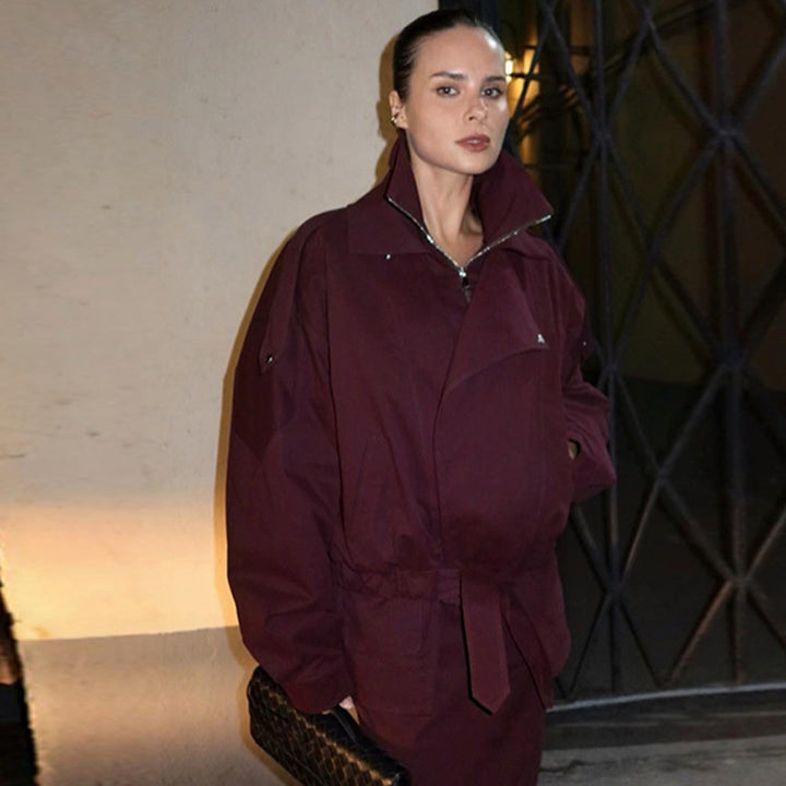 Modern oversized jacket for ladies with a high collar and a waist belt Lune London