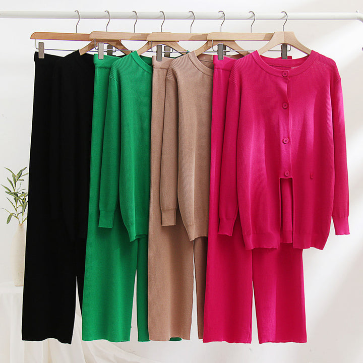 Knit loungewear set for women with a fine ribbed pattern and notable button details Lune London