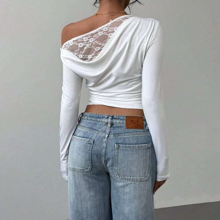 Casual long-sleeve t-shirt for women with asymmetric neckline and transparent details Lune London