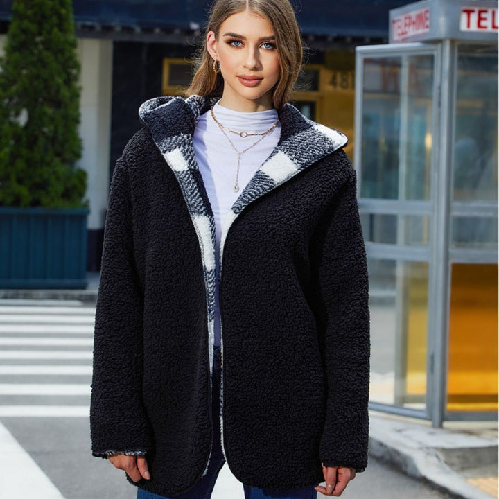 Ladies Oversized Checkered Plush Jacket with Hood Lune London