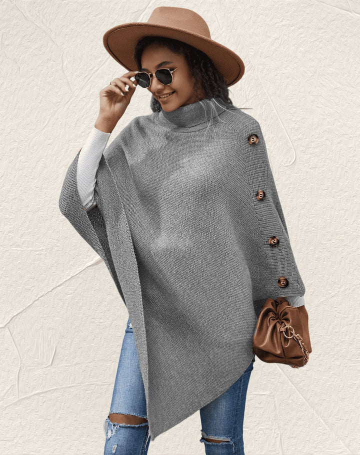 Elegant ladies poncho with high collar and decorative buttons Lune London