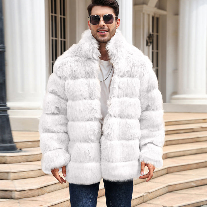 Trendy faux fur jacket for men with high collar and practical pockets Lune London