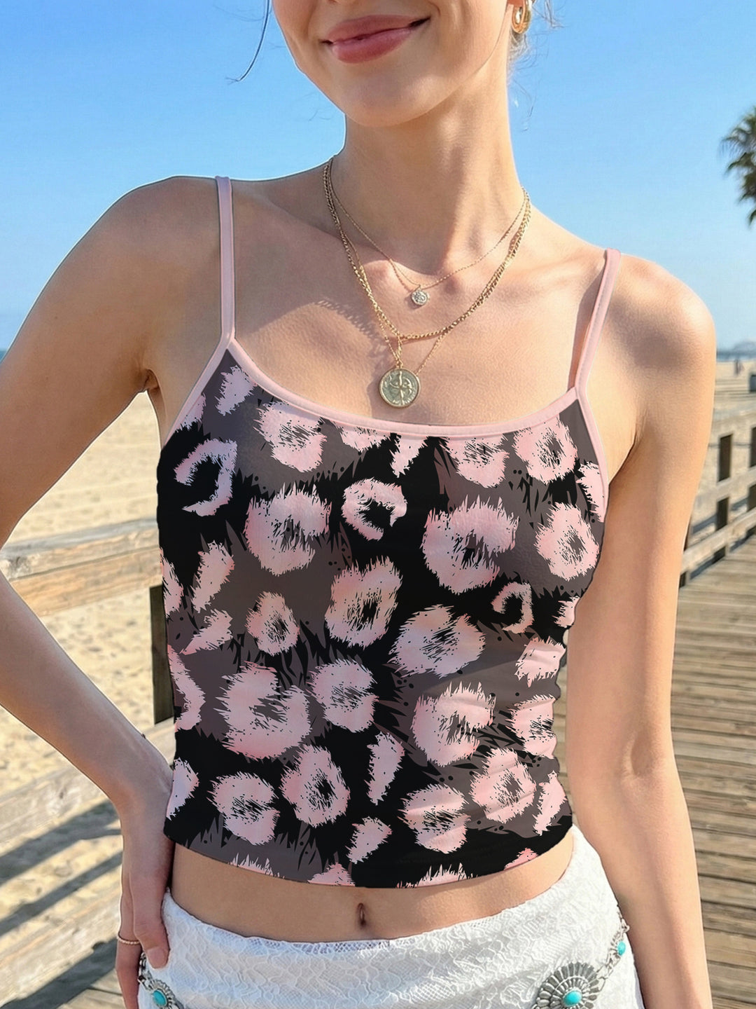 Women's Casual Spaghetti Strap Top with Animal Pattern Lune London