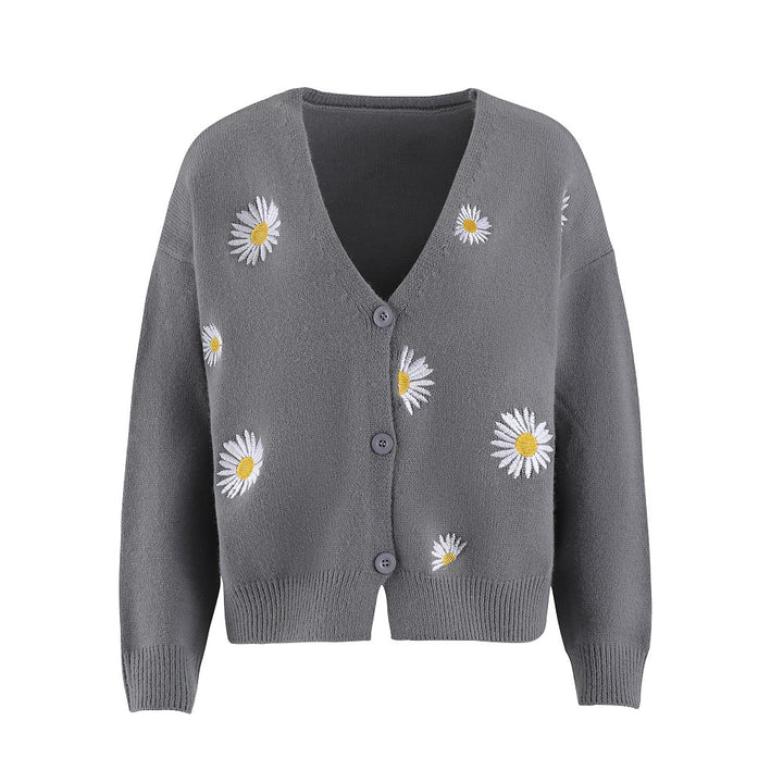 Knitted jacket for women with floral embroidery and V-neck Lune London