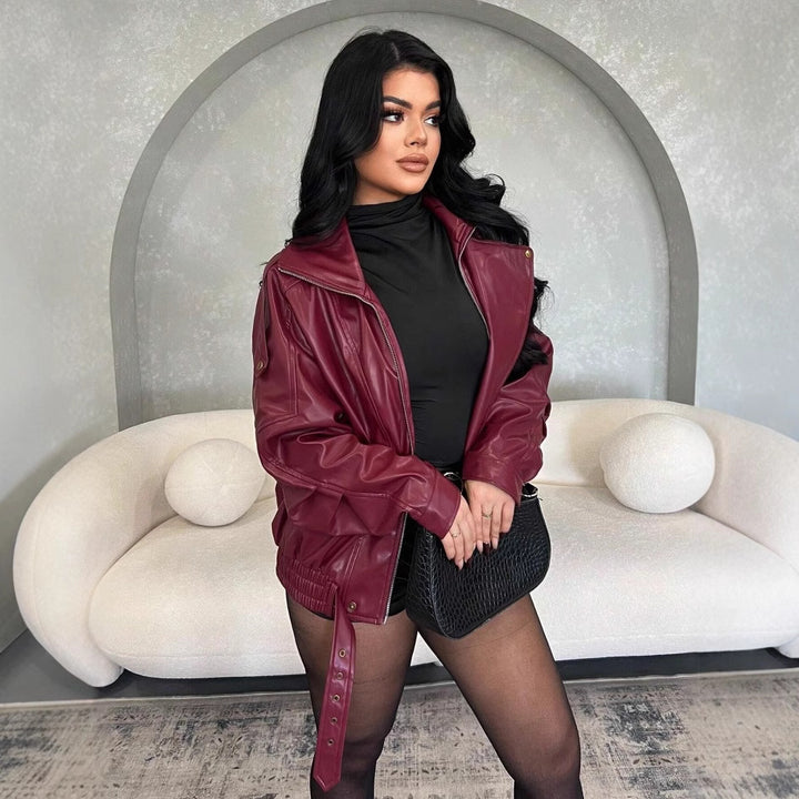 Faux leather jacket for women with a fitted cut and a decorative belt Lune London