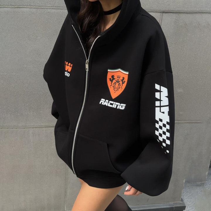 Oversized hoodie jacket for women with graphic running design Lune London