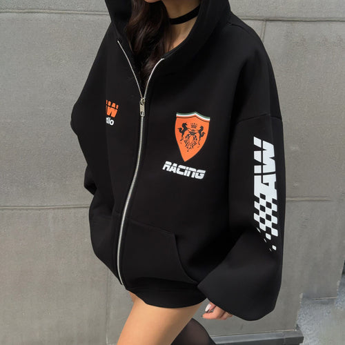 Oversized hoodie jacket for women with graphic running design Lune London