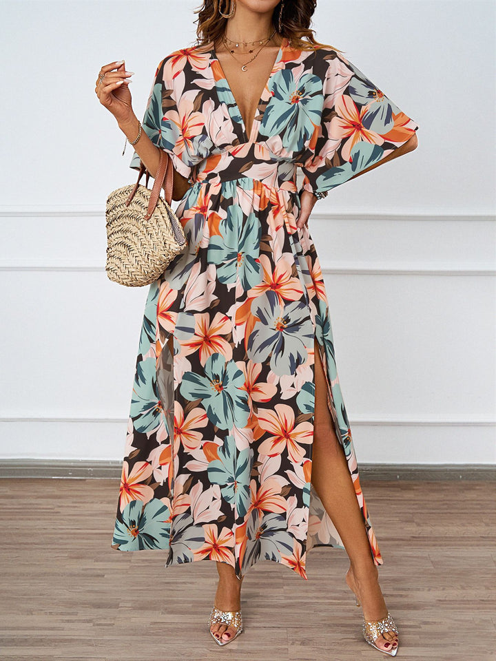 Maxi floral dress for women with deep V-neck and side slits Lune London