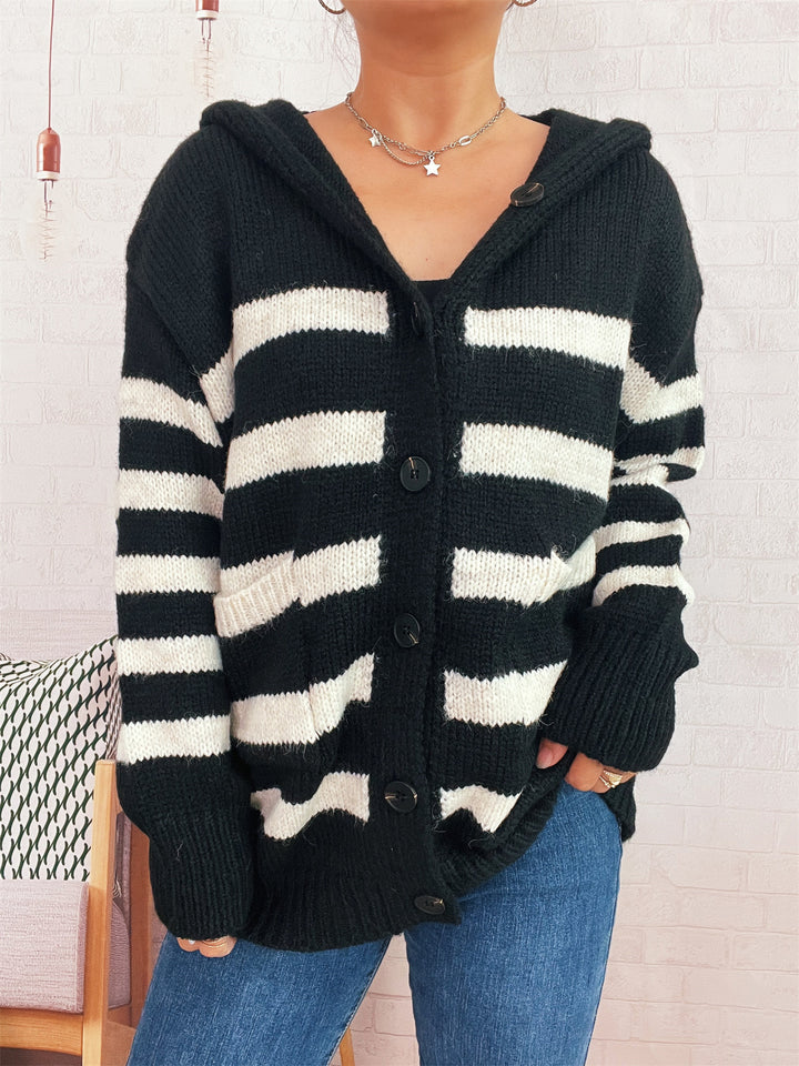 Cardigan décontracté en tricot pour femmes avec capuche et grandes rayures Chic & Stil