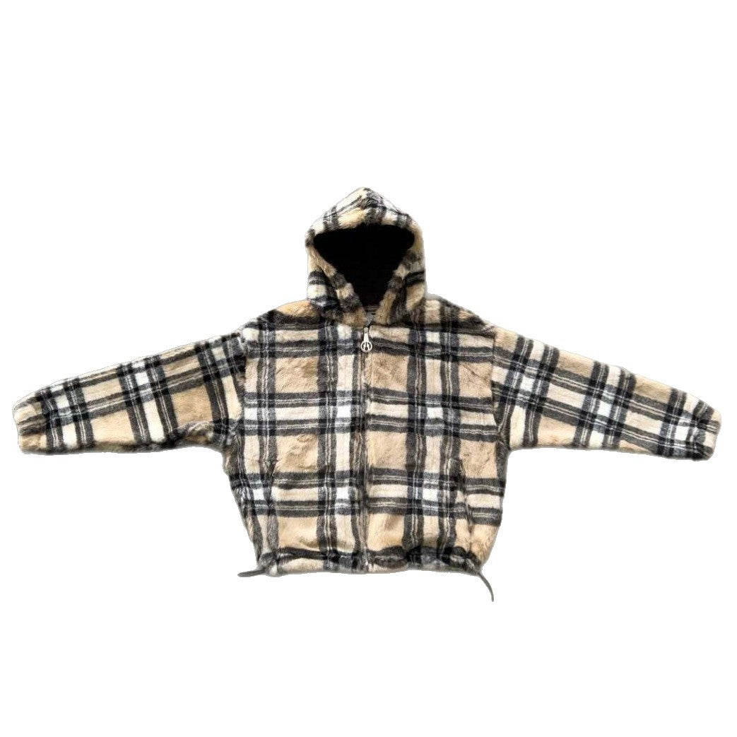 Veste à capuche pour femmes en motif à carreaux modernes avec poches zippées sur les côtés Chic & Stil