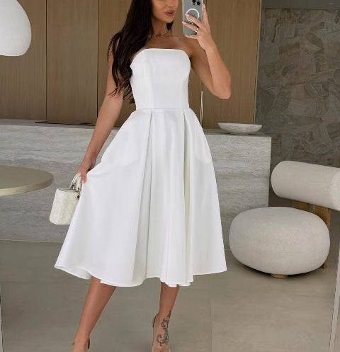 A-line midi strapless dress for women with flowy skirt Lune London