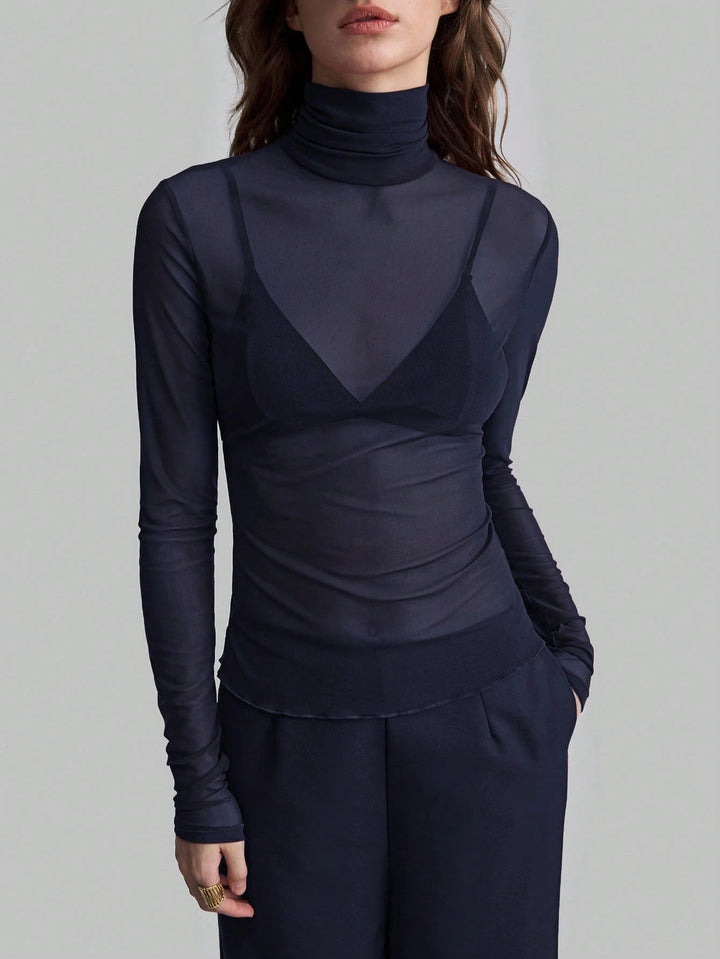 Women's Transparent Turtleneck Blouse with Shaping Cut Lune London