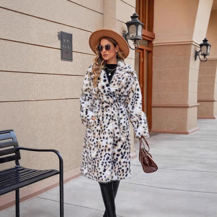 Ladies Cozy Leopard Coat with Belt and Chic Collar