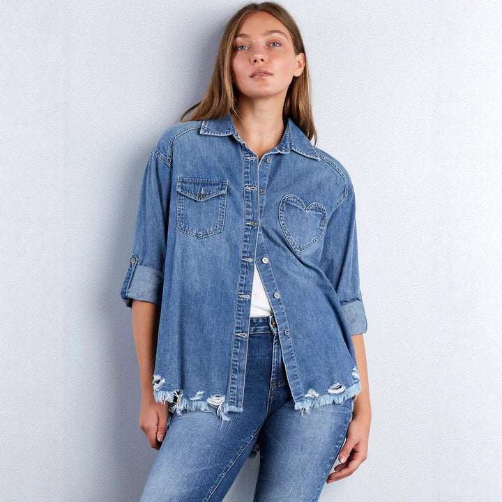 Women's denim blouse with heart appliqué and fringed hem Lune London