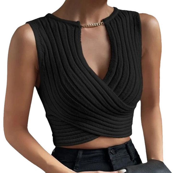 Ladies short knit top with elegant wrap design Lune London