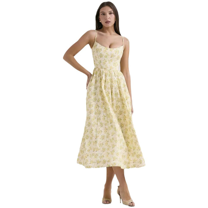 Women’s midi floral dress with strapless style and swinging skirt Lune London