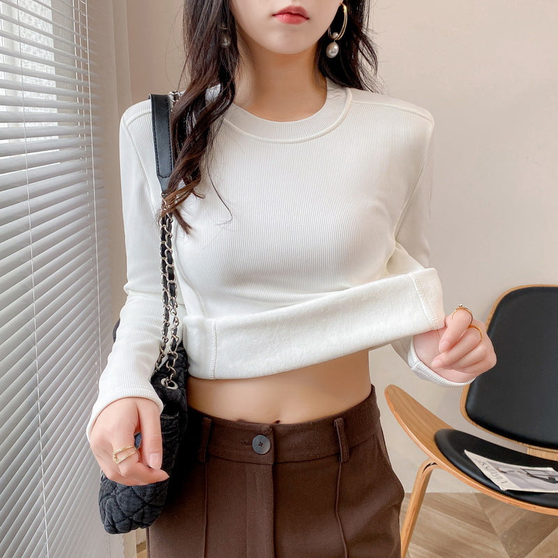 Ladies fashionable cropped long sleeve shirt with ribbed texture Chic & Stil