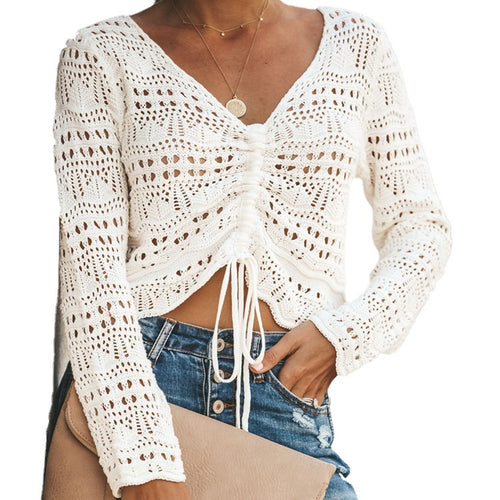 Knit sweater for women with a decorative hole pattern and an adjustable drawstring Lune London