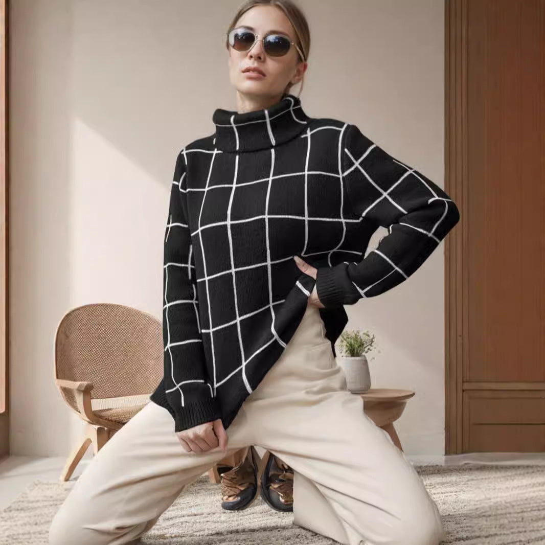Pull décontracté pour femmes en tricot épais avec motif à carreaux moderne et col haut Chic & Stil
