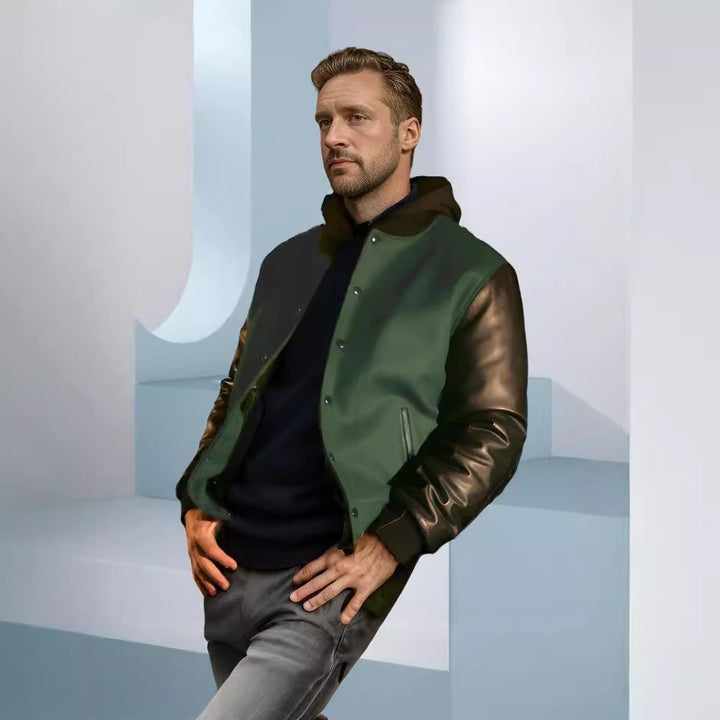 Trendy baseball jacket for women with leather sleeves and practical side pockets Lune London