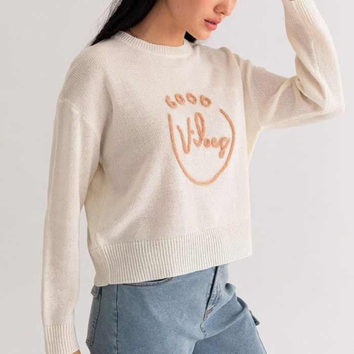 Casual knitted sweater for women with flocked inscription Lune London