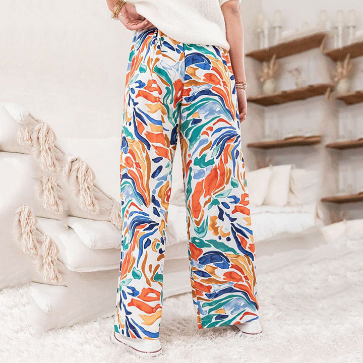 Wide palazzo pants for women with colorful pattern and elastic waist Lune London