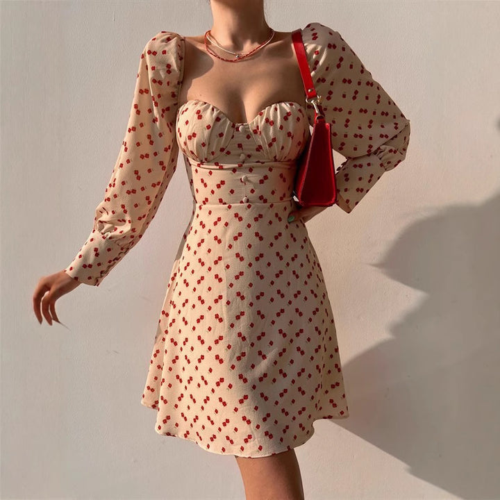 Women Puff Sleeve Dress with Romantic Floral Pattern and Heart-Shaped Neckline