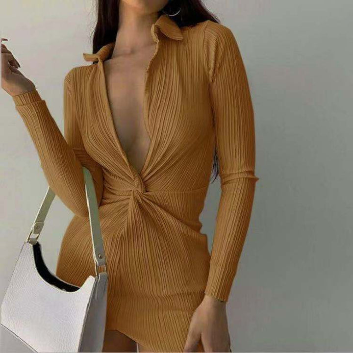 Pleated wrap dress for women with deep V-neck Lune London