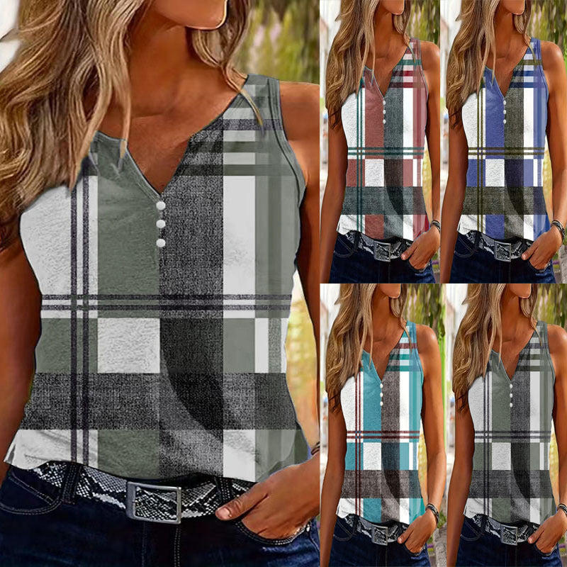 Sleeveless top for women with V-neck, decorative button detail, and modern plaid pattern Lune London