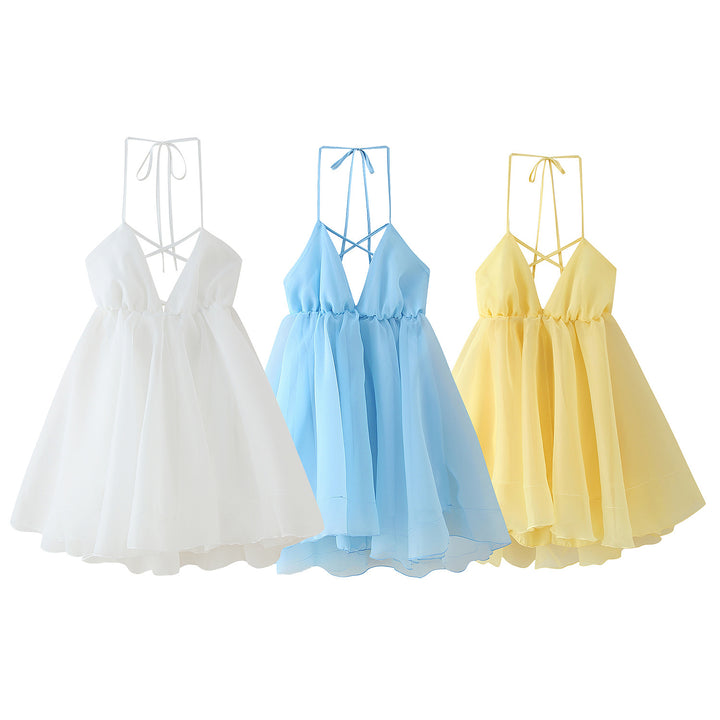 Summer chiffon dress for ladies with adjustable straps and a voluminous skirt Lune London