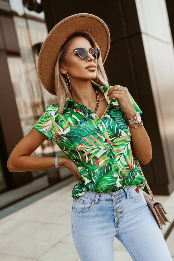 Short-sleeve blouse for women with tropical leaf pattern Lune London