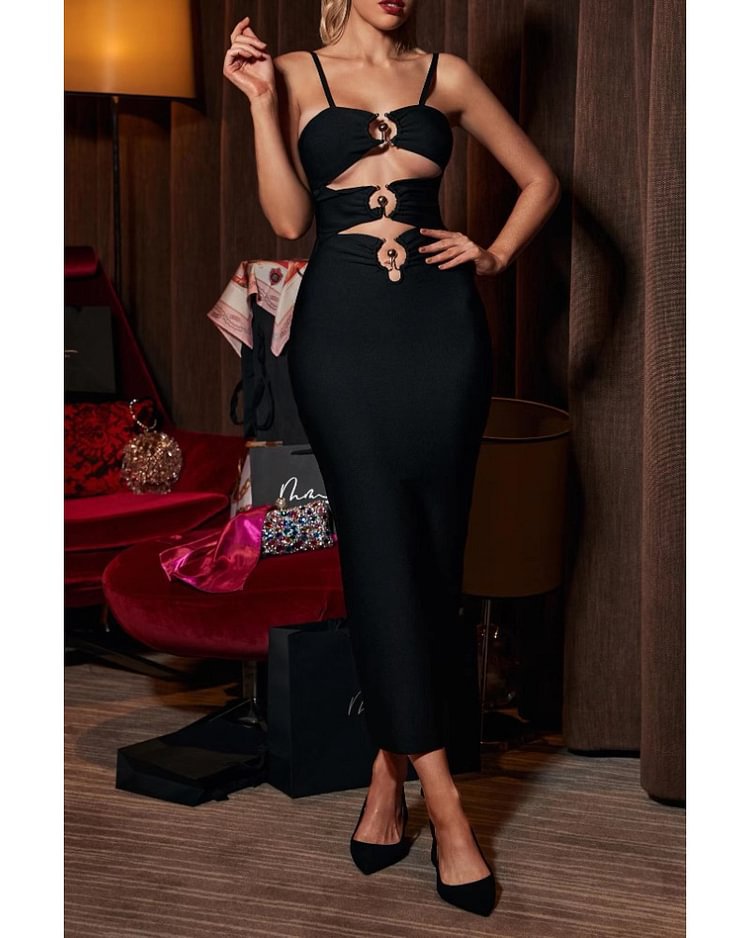 Ladies Elegant Midi Dress with Exciting Cut-Outs and Decorative Rings