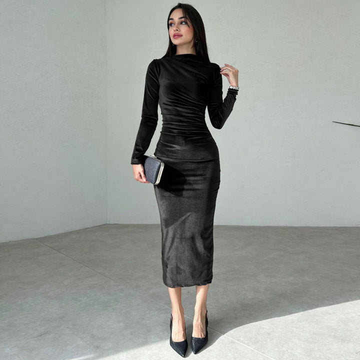 Women Elegant Long Dress with Long Sleeves and Ruched Design Lune London